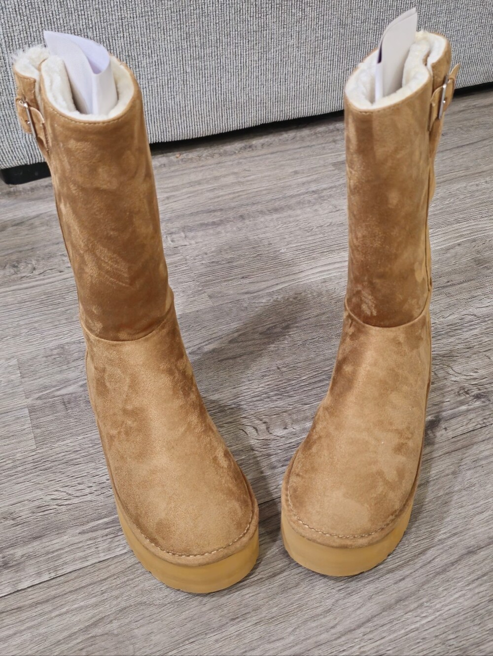 Platform Mid-Calf Heeled Boots in Tan Suede